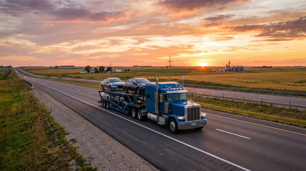 Car hauler truck transporting vehicles on an Iowa highway at sunset